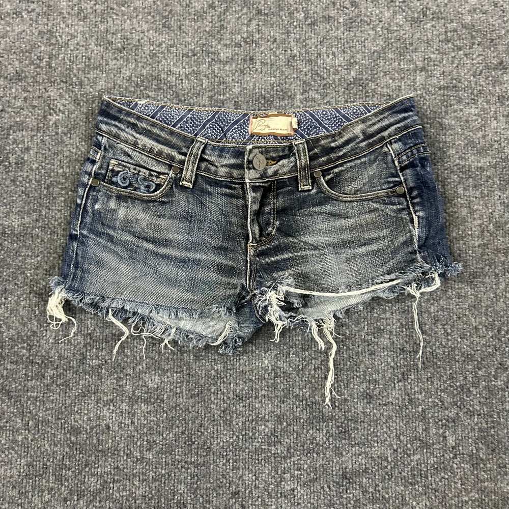 Paige Denim Shorts Womens Size 25 Blue Embroidered Low Rise Raw Hem Cut Offs